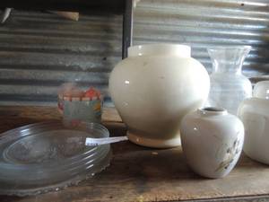 lot 29 image: Pressed glass plates, Easter egg planter with eggs and decorative vases
