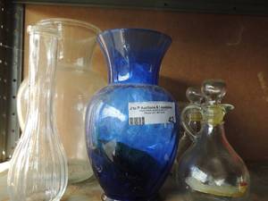 lot 42 image: 4 glass vases, jar, oil. Vinegar gars with lids