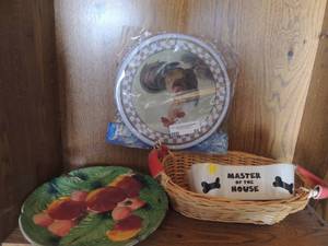 lot 44 image: Wicker basket , dog bone dish, fruit design plate rooster burner covers