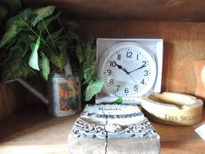 lot 46 image: Small heart stool, sterling and marble clock in box, water can with flowers, ashtray, wall hanging