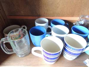 lot 47 image: House dcor lot- mugs, wine glasses, bowl, holiday