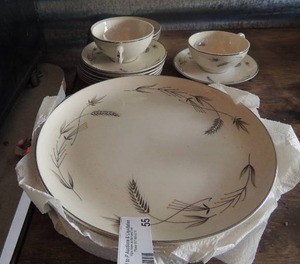 lot 55 image: Taylorton fine china made in USA silver wheat 2 cups, 6 cup saucers, 5 saucers, 5 dinner plates 18 pieces total