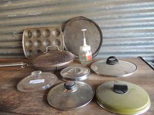 lot 63 image: Assorted- pan lids, muffin tins, pizza pan strainers and veggie chopper