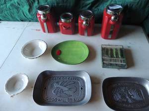 lot 66 image: 4 red covered cannisters set of 4 new Boston Spreaders watermelon design and more