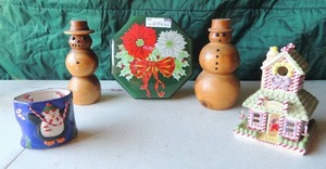 lot 71 image: 2 wooden snowmen candy shopppe house snowman ceramic basket cookie tin