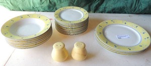 lot 77 image: Royal DOULTON  dish set BLUEBERRY yellow and blue- 4 dinner plates,  11 saucers, 7 soup bowls  AND YELLOW S&P shakers