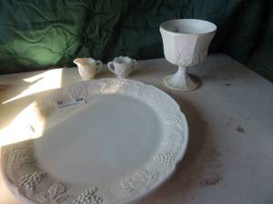 lot 85 image: 2 large white serving platters white glass candy dish 2 mini milk glass cups