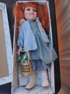 lot 95 image: 19 porcelain doll red hair green eyes basket and shoes