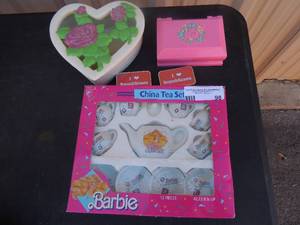 lot 98 image: Child pink jewlery box heart shape candy dish Barbie china tea set NIB