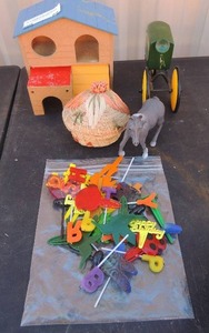 lot 99 image: John Deer tractor , play house, plastic horse plus more