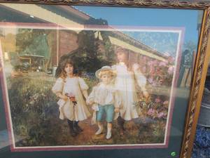 lot 106 image: Ballet art of dancer in red ress 15x12, Beach front 15x12, CW fruit bowl art 19x19 G. Hurkgourt 3 children 34x28