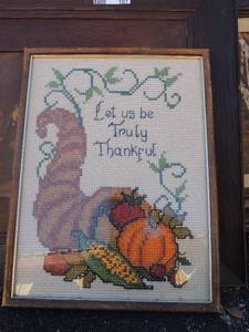 lot 107 image: 6 art pieces, hand knitted 17x13, brown photo frame 26x22 and purple forrest 11 x 9
