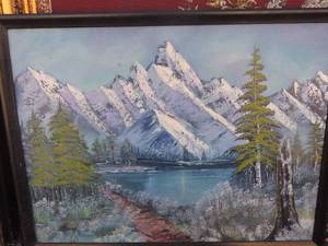lot 111 image: Flower art 38x26 Snowy mountains 25x20, Darlene Jones Farm art 30x25