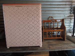 lot 117 image: Magazine holder,   hanging coat rack ,    2 wicker hampers  Pink and brown 23tall 19 wide 12 deep
