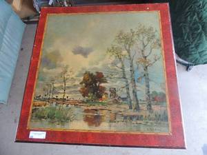 lot 1 image: Brown foldable table, farmhouse landscape  Art design signed  A. Herby,27 tall 27 wide