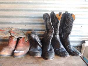 lot 131 image: 3 pair boots  Brown DOUBLE H  unknown size   Black Don Post size 11  Black built rite size 8.5