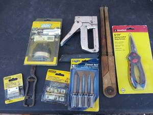 lot 144 image: Staple gun chisel set hinges 8 12 spring loaded shop scissors pressure regulator #1706