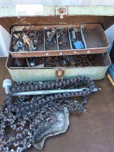lot 151 image: Toolbox with sockets bolts screws plus 4 chainsaw chain timing belt and tire tool