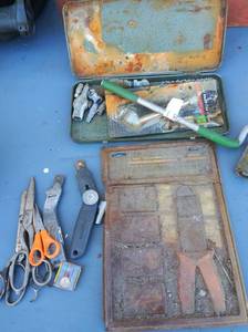 lot 152 image: Dual head tire chuck roller air compressor attachments assorted scissors and box cutters 4 way crimping tool set