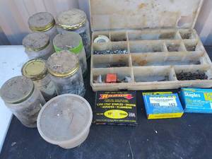 lot 162 image: Plastic organizer box, jars of misc. staples screws nails etc.