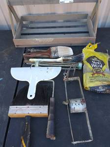 lot 163 image: Wooden caddy plus paint brushes roller handle and stir sticks