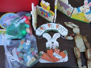 lot 169 image: Easter dcor lot- fold open gate, bunny dcor Easter train set wooden hanging bunnies plus eggs