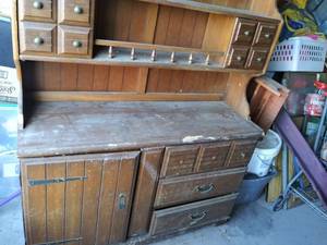 lot 178 image: 2  piece dresser with hutch. Hutch has sliding doors and 2 levels 50w 36 tall 11 deep dresser has 3 drawers and a cabinet inside door 50 wide, 31tall 18 deep total height together 67