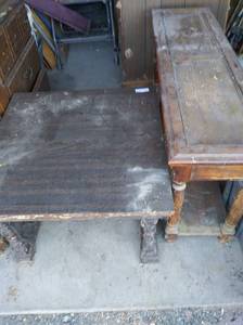 lot 179 image: Lot of 2 coffeeend tables (needs TLC) 30x30x18 and hallway table has 2 drawers also needs TLC 25tall by 50 long
