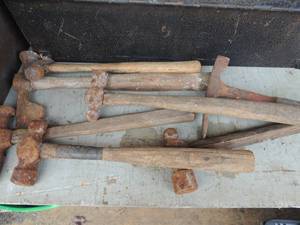 lot 157 image: 2 rock hammers, framing hatchet ball ping hammer sledge hammer 8 pcs. Total