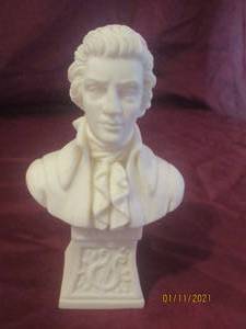 lot 64 image: VINTAGE MOZART SOLID CAST RESIN STONE BUST STATUE SCULPTURE FIGURINE .PAINTED BY HAND -HANDGEMALT-GEWI&nbsp MARKED ON BASE STICKER .SIGNED BY SCULPTOR&nbsp &nbspA.LUCCHERI