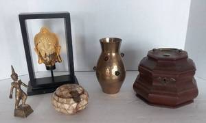 lot 53 image: Indian and Indonesian Theme Dcor, 5Pc. Brass, Bone, and Carved Wood.