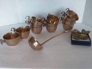 lot 104 image: 12 Vintage Brass Koi Fish Handled Punch Cups, Ladle, and Ornaments