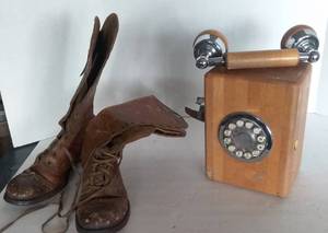 lot 118 image: Vintage Lace up Boots(Similar to 1940s style, but could be Older), Repop Wood Phone(no Cords)