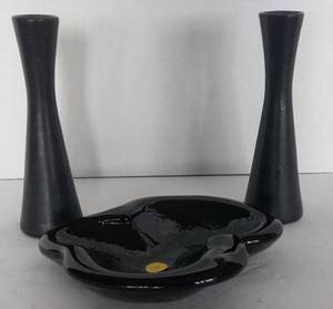 lot 121 image: 2 Black Van Briggle Bud Vases, and Vintage Blue Grey Glass Ashtray