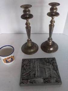 lot 134 image: British Dcor. Including Marcus Designs of England Chalkware and Silverplate Candlesticks. 4 Pc