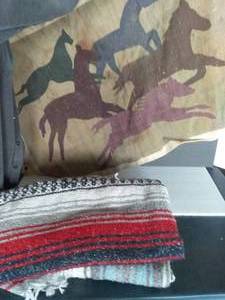 lot 142 image: 2 Woven Native Pattern Throw Blankets and Horse Tapestry