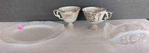 lot 141 image: Vintage American Sweetheart Monax Milk Glass Plate, Depression Era Glassware and Mother of Pearl Lusterware Teacups marked MN2414N