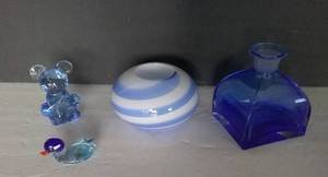lot 145 image: 4 Pc of Blue Art Glass, including Cristallo Perfume Bottle, Swedish Candle Holder, and More