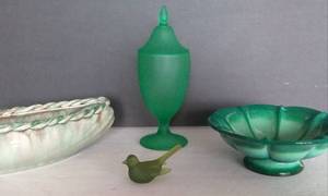 lot 149 image: Green Glass Collectibles including Tiffin Satin Apothecary Jar, Pilgrim Mini Bird, and More