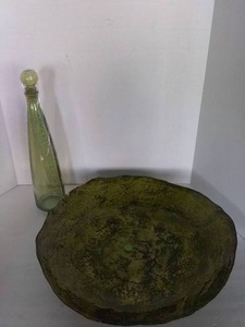 lot 8 image: Green Painted Glass Large Platter and Decanter