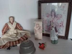 lot 20 image: Victorian Girls Dcor, including 1940s Powder Puff Music Box, Porcelain Doll, and more, 5pc