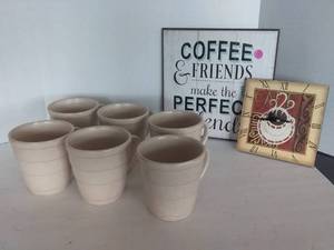 lot 64 image: 6 Large Coffee Mugs and 2 Signs. Mugs are Villa Romana.