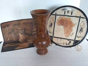 lot 69 image: SafariAfrican Dcor, 6 Pc. Including Decorator Plate and More. Both Framed Prints are 18x22