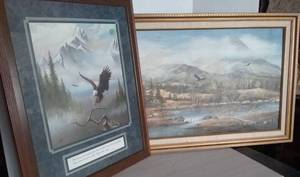 lot 116 image: 2 Eagle Pictures. Print is in Glass, other is Painting on Board