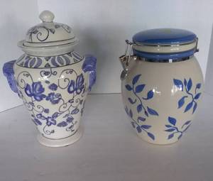 lot 33 image: Large Ceramic Jars, Blue and White. 2 Pc. Largest is 12 Tall. Includes Inspirado Canister(10 ) with Sealing lid.