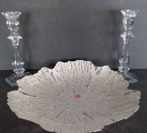 lot 23 image: Large Silver and White Glass Serving Plate and 2 Lead Crystal Candle Sticks