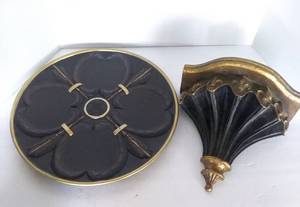 lot 7 image: Black and Gold Fleur De Lis Dcor, 4 Pc. including 1967 Sexton Medieval Style Wall Candle Sconces