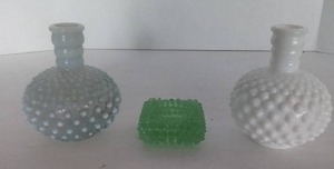 lot 159 image: Fenton Hobnail Perfume Bottles in Milk Glass and Opalescent Moonstone, and Salt Cellar in green(possible Uranium glass)