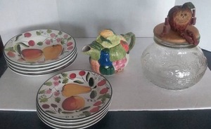 lot 185 image: Fruit and Veggie Decor. Teapot, Lidded jar, and Dish Set