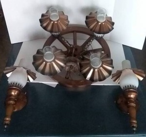 lot 191 image: Wagon Wheel Ceiling Light Fixture and Matching Sconces